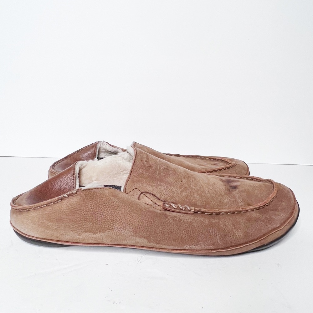 OluKai Kipuka Hulu Tan Leather Sherling Lined Slip On Loafers Shoes Size 12 Mens